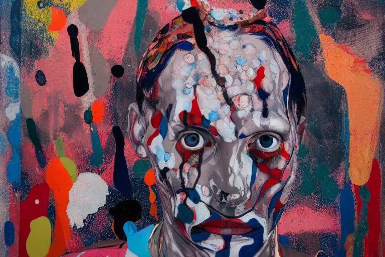 Prompt: portrait of a morphed harlequin by james jean and luc tuymans and vincent lefevre and hernan bas and pat steir and hilma af klint, psychological, dripping paint, high quality render, masterpiece