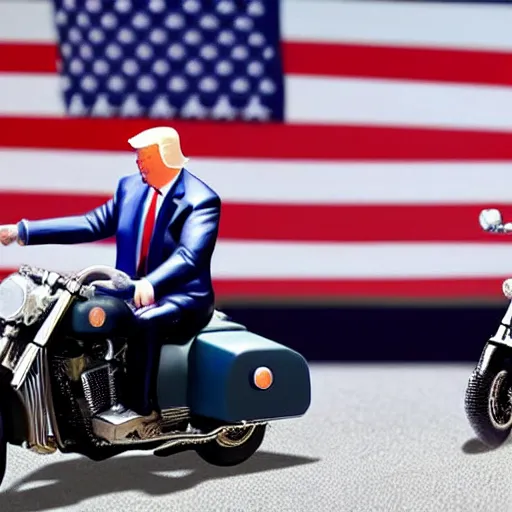 Image similar to joe biden and donald trump riding two seater on a motorcycle bike together, photorealistic, detailed
