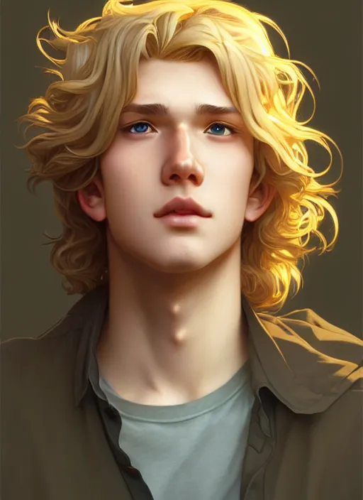 Prompt: young man with medium - length, curly, golden hair, aquamarine eyes, natural lighting, path traced, highly detailed, high quality, cartoon, digital painting, by new haicheng and ross tran and studio ghibli and alphonse mucha