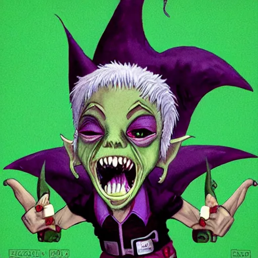 Prompt: goblin with big ears, round nose, plush lips, sharp teeth, short height, white hair, gold eyes, eco goth, fairycore, corragecore, punk, in the art style of richard corben