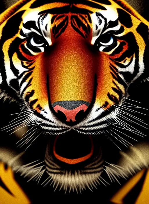 Prompt: Tiger skin canvas, deep black background, octane render, vray, shimmering, glossy, Fvckrender, geomerty, prism highlights, C4D, ray tracing reflections, prism shadows, diffraction, macro, flickr, 500px, photography, atmosphere, depth of field, grading, lumen reflections, golden ratio, hyper realistic, incandescent, rule of thirds