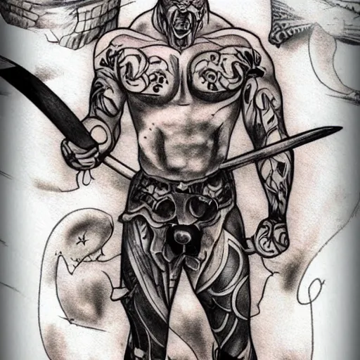 Image similar to muscular bald man, sword in hands, tattooed body, HD, anime,