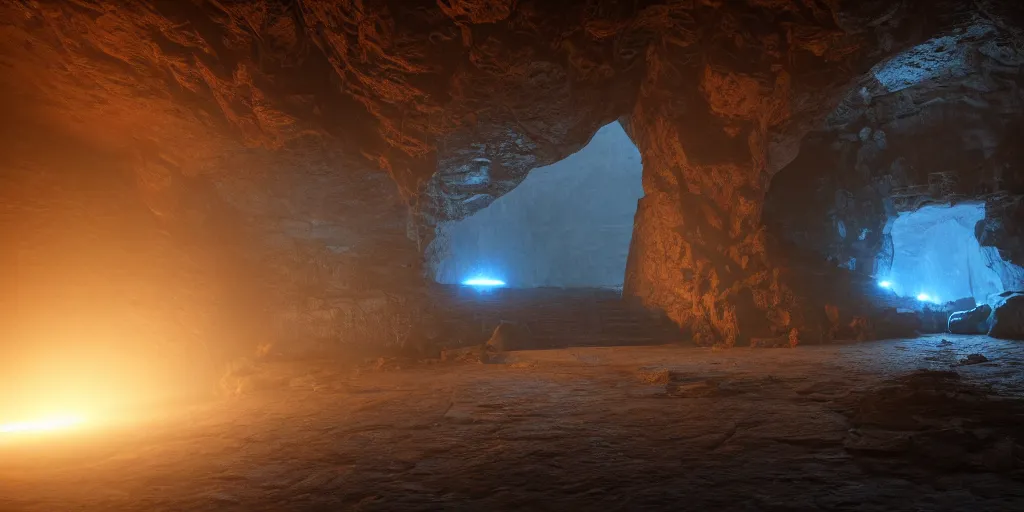 Prompt: crooked stairway made of stone inside a gloomy cave with atmospheric lighting, smoke, photorealistic rendering, blue and orange lights in the distance, octane, redshift, unreal engine