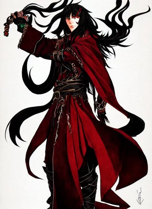 Image similar to Half body portrait of a handsome elf fire mage with long black hair wearing ornate scarlet robe, fire magic. In style of Yoji Shinkawa and Hyung-tae Kim, trending on ArtStation, dark fantasy, great composition, concept art, highly detailed, dynamic pose.