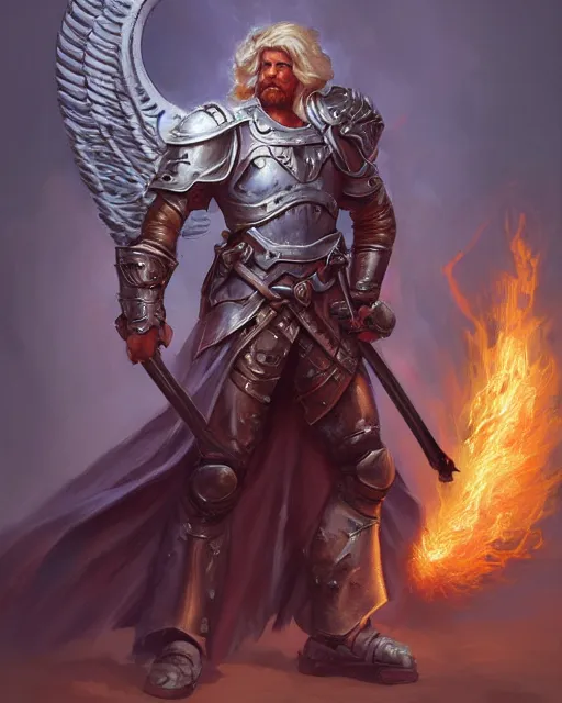 Prompt: character portrait of a brawny male warrior angel of justice, wearing shining armor, wielding a flaming sword and holding a large fiery shield, by peter mohrbacher, mark brooks, jim burns, wadim kashin, greg rutkowski, larry elmore, trending on artstation