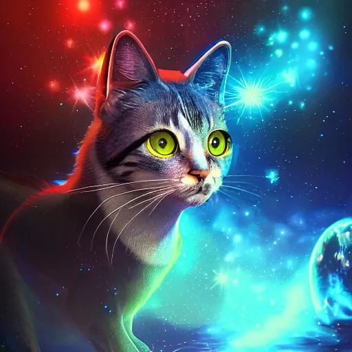 Image similar to Photorealistic magic cats in space. Hyperdetailed photorealism, 108 megapixels, amazing depth, glowing rich colors, powerful imagery, psychedelic Overtones, 3D finalrender, 3d shading, cinematic lighting, artstation concept art, masterpiece