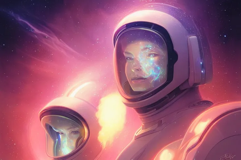 Prompt: Portrait of a Futuristic astronaut reflective visor reflecting a nebula supernova in space, portrait, elegant, intricate, digital painting, artstation, concept art, smooth, sharp focus, illustration, art by artgerm and greg rutkowski and alphonse mucha