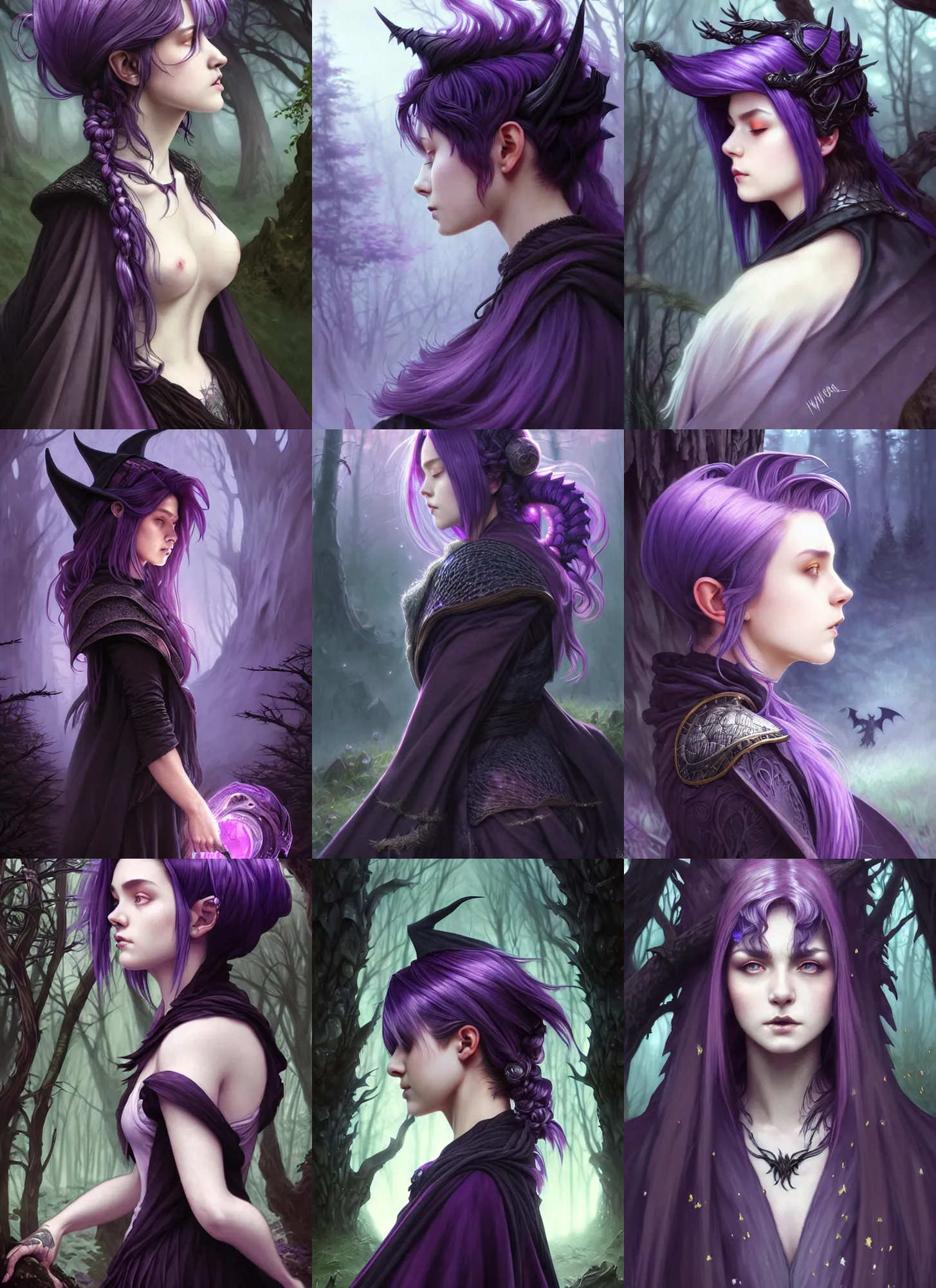 Image similar to side portrait rugged girl, witch school uniform outfit large cloak, fantasy forest landscape, dragon scales, fantasy magic, undercut hairstyle, short purple black fade hair, dark light night, intricate, elegant, sharp focus, illustration, highly detailed, digital painting, concept art, matte, art by wlop and artgerm and greg rutkowski and alphonse mucha, masterpiece