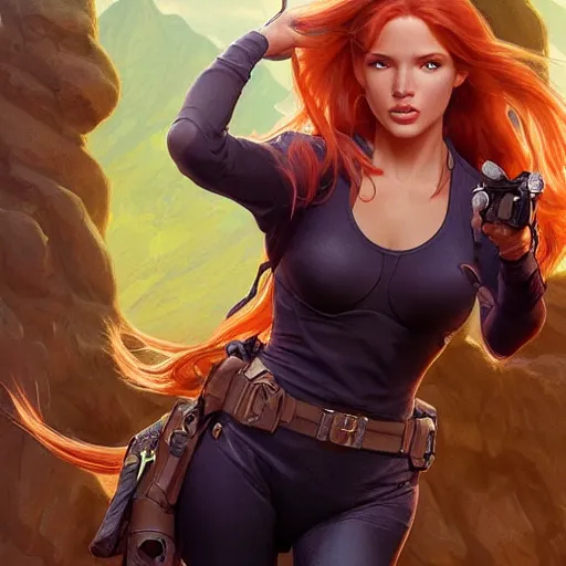 Prompt: ultra realistic illustration, bella thorne as kim possible, intricate, elegant, highly detailed, digital painting, artstation, concept art, smooth, sharp focus, illustration, art by artgerm and greg rutkowski and alphonse mucha