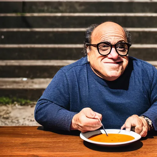 Image similar to danny devito eating soup ( sony a 7 r iv, symmetric balance, polarizing filter, photolab, lightroom, 4 k, dolby vision, photography awardm, voque, perfect face )