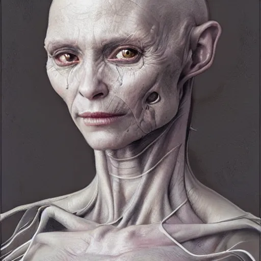 Image similar to portrait painting of a grey alien, ultra realistic, concept art, intricate details, eerie, highly detailed, photorealistic, octane render, 8 k, unreal engine. art by artgerm and greg rutkowski and alphonse mucha