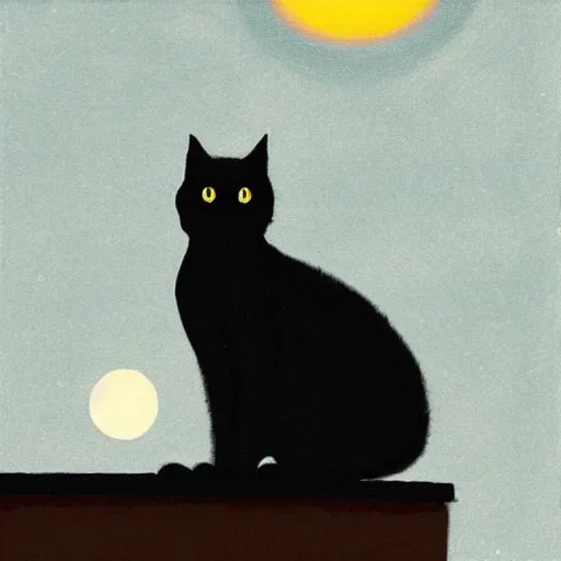 Image similar to “A black cat on top of a building at night with a full moon in the style of Vincent Van Vogh”