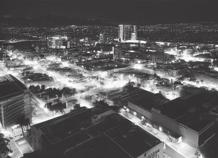 Image similar to a sprawling building complex seen from a dark parking lot in los angeles at night. 1 9 9 0 photo by james cameron