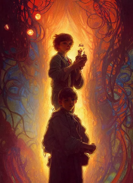 Prompt: illustration by gaston bussiere, mucha, gerome, craig mullins, greg rutkowski, john singer sargent. portrait of eddie muson, stranger things. 8 ß's neon retro. lights, glow, magical. dark background.