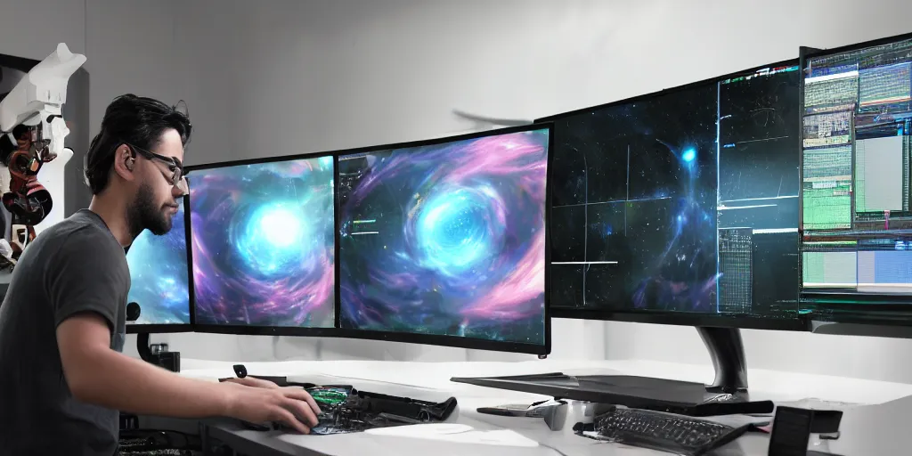 Prompt: a young prompt engineer creating a universe in his PC, a male mage in his 20s with black hair sitting in front of wide monitor, hands on a keyboard. a monitor showing code, neural networks and visual editors. hyperrealistic, extremely detailed, award-winning art, trending on Artstation