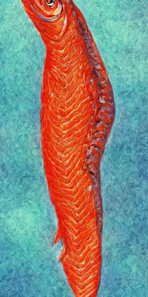 Prompt: a person with a salmon as a neck, digital art, impressionism, 4 k