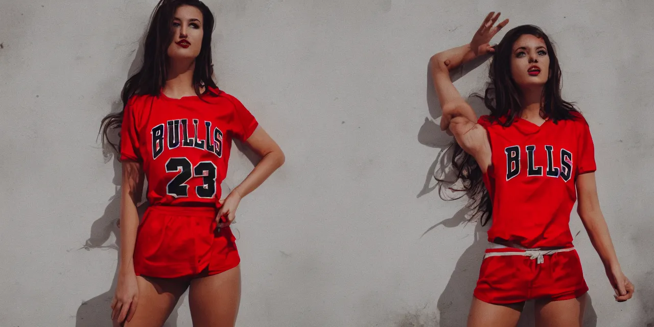 Prompt: attractive woman in bulls jersey and short shorts, high contrast, high saturation cinematic film still, fashion photography