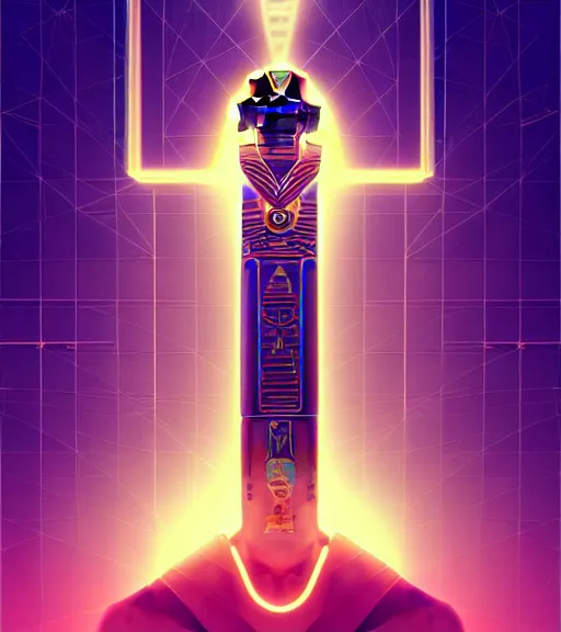 Image similar to symmetry!! egyptian god of technology, solid cube of light, hard edges, product render retro - futuristic poster scifi, lasers and neon circuits, brown skin handsome egyptian god, intricate, elegant, highly detailed, digital painting, artstation, concept art, smooth, sharp focus, illustration, dreamlike, art by artgerm