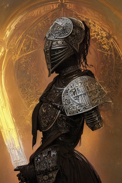 Prompt: beautiful luxury and goddess and victorian and holy female medieval Black armor knight portrait+shiny eyes+front face with light flowing hair, ultradetail face, ruined gothic cathedral, art and illustration by tian zi and craig mullins and WLOP and alphonse mucha, ssci-fi, fantasy, intricate complexity, human structure, hypermaximalist, fantasy character concept, dynamic lighting, neon light, watermark, blurry, hyperrealism 8k