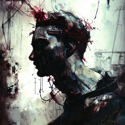 Image similar to screaming cyberpunk, wires, machines by emil melmoth zdzislaw belsinki craig mullins yoji shinkawa realistic render ominous detailed photo atmospheric by jeremy mann francis bacon and agnes cecile ink drips paint smears digital glitches glitchart