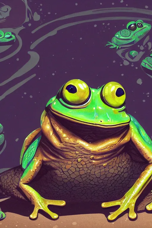 Image similar to eazy e as a frog, backround: pond, highly detailed, wide shot, intricate, cute, mystical, sharp focus, Trending on Artstation HQ, deviantart, unreal engine 5, 4K UHD image