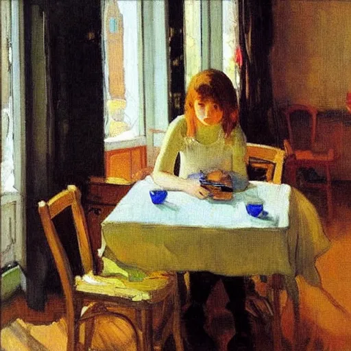 Image similar to a girl with iphones on a table sits at a table in a sunny room, the window is open, by valentin serov