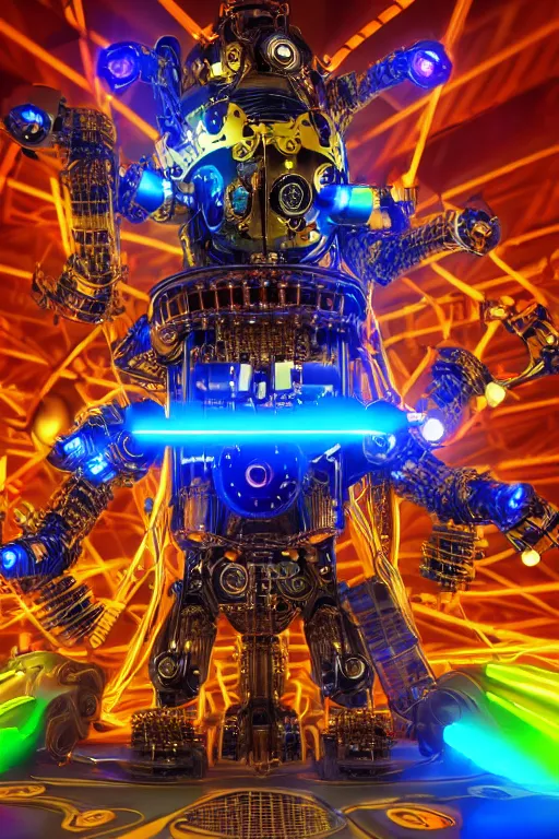 Image similar to portrait photo of a giant huge golden and blue metal futuristic steampunk robot covered with multicolored big guitars and gears and tubes, eyes are glowing red lightbulbs, shiny crisp finish, 3 d render, 8 k, insaneley detailed, fluorescent colors, background is multicolored lasershow