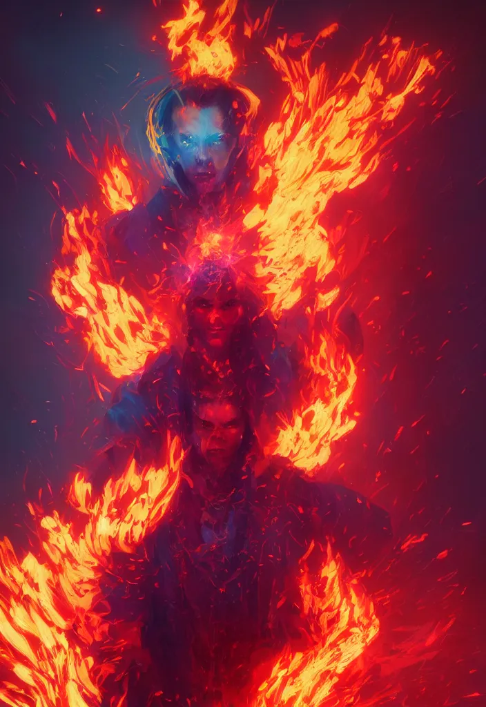 Image similar to a fancy portrait of pissed off mage engulfed in colorful flames by greg rutkowski, sung choi, mitchell mohrhauser, maciej kuciara, johnson ting, maxim verehin, peter konig, 8 k photorealistic, cinematic lighting, hd, high details,