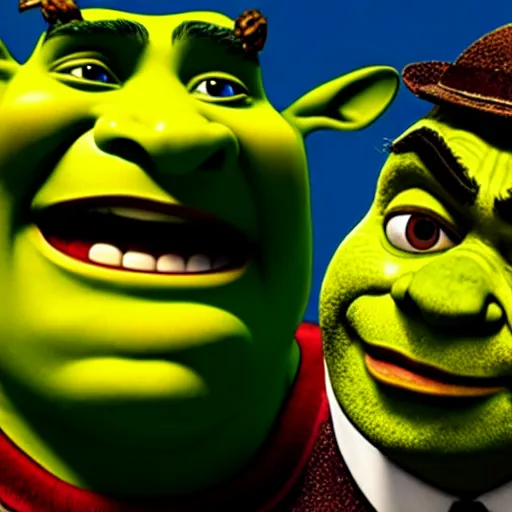 Image similar to mr. bean as shrek. movie still. cinematic lighting.