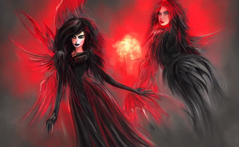 Image similar to Female dark angel in gothic red and black dress, their black wings are extended. She is in the bioluminescent forest. Fantasy and concept art, colorful digital painting , horror scene, highly detailded