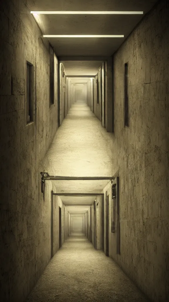 Image similar to dark and dim corridor, haunted, long exposure, detailed, hyper realistic, photorealism, ultra wide angle view, cinematic, peaceful, volumetric lighting