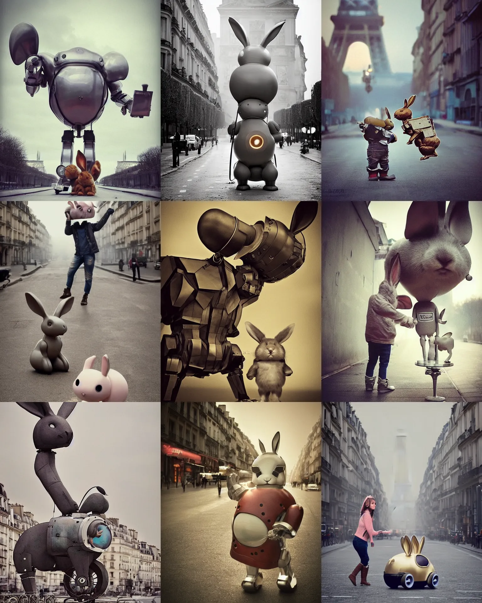 Prompt: epic pose!!! Whimsical giant oversized shiny metal battle rabbit robot chubby mech baby train with big oversized ears!! and rabbit , in paris , full body , Cinematic focus, Polaroid photo, vintage , neutral dull colors, soft lights, foggy sunset , by oleg oprisco , by national archives, by discovery channel, by victor enrich , by gregory crewdson