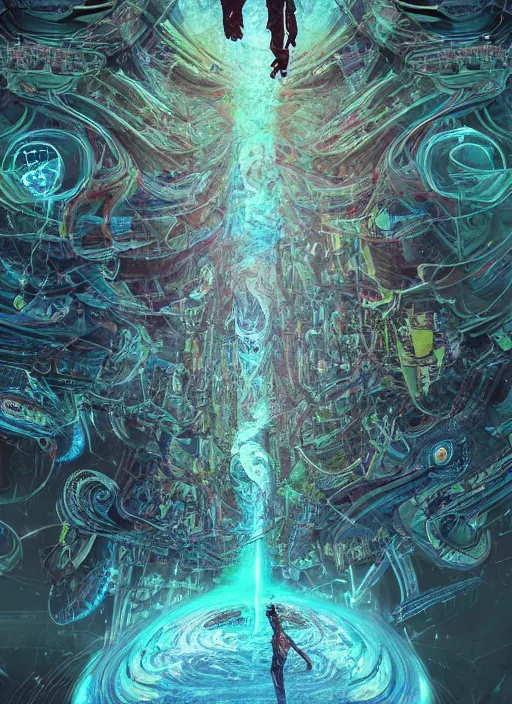 Image similar to a machine god in the machine universe encounters a living being organic cosmos inside an asymmetric orthogonal non - euclidean upside down inside out world with an infinite cosmic spiral waterfall of living information, inspired by android jones and beeple and carne griffiths, hyperrealistic, extreme detail, digital art, concept art, rendered in cinema 4 d, cryengine 8 k
