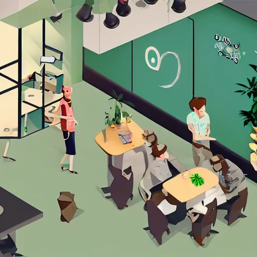 Image similar to cute and funny cartoon of australian cafe teaching customers how to smoke cannabis for the first time, axonometric render by pixar