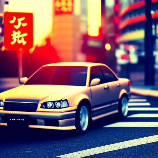 Image similar to a car parked JZX100 at side of road, Shibuya prefecture, city sunset, cinematic color, photorealistic, highly detailed, bokeh, DOF, octane render