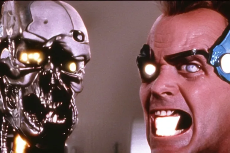 Image similar to Jack Nicholson plays Terminator Pikachu scene where his endoskeleton gets exposed still from the film