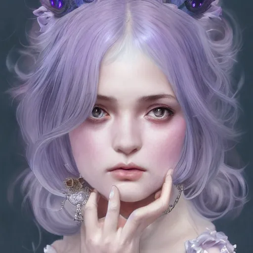 Prompt: masterpiece ultra realistic illustration of a magical girl with silver hair and big gold eyes, dreamy and ethereal, lavender tones, ornate dress, intricate, dramatic, cinematic, fantasy, highly detailed, smooth, sharp focus. in the style of artgerm and alphonse mucha, artstation trending.
