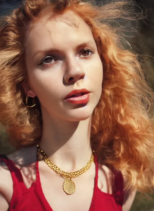 Image similar to vintage photograph of an olive skinned female model with strawberryblonde hair in her twenties, her hair pinned up, wearing a designer top and one thin gold necklace, looking content, focused on her neck, photo realistic, extreme detail skin, natural beauty, no filter, slr, golden hour, 4 k, high definition, selfie