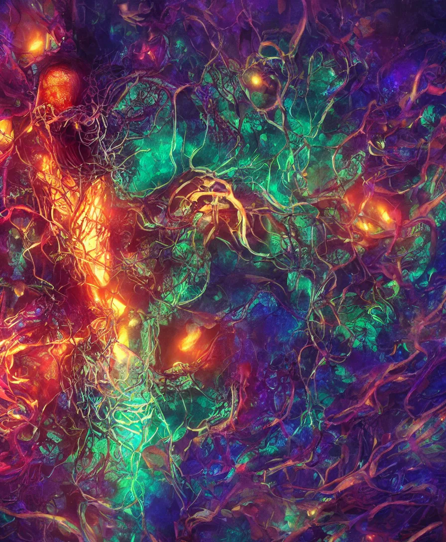 Image similar to hyper detailed 3 d render. realistic broken heart on fire tangled in psychedelic fungus. iridescent textures. highly detailed fantasy science fiction painting by vrubel and chris cunningham. dark and volumetric. artstation