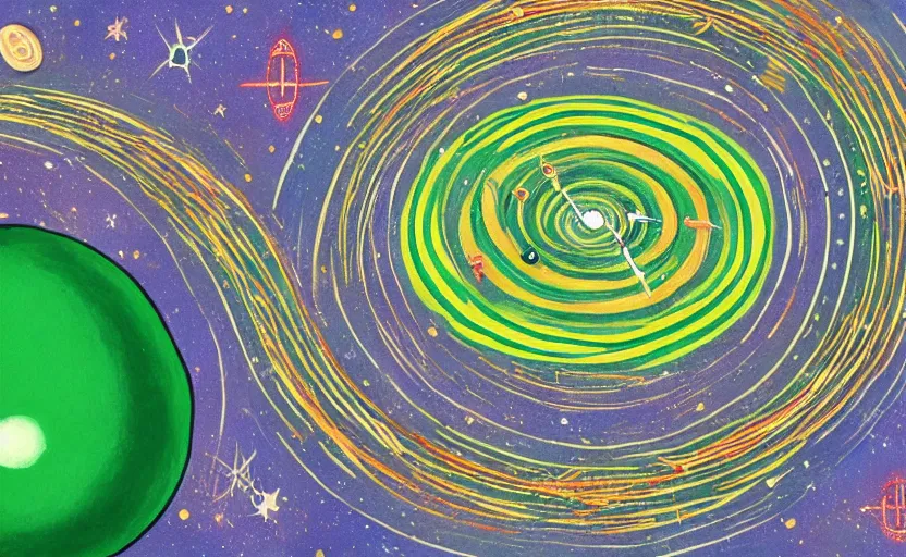 Prompt: a green egg orbiting in space above earth with concentric rings of symbols, syringes, acupuncture needles, eyedroppers, and christian crosses in a round path, painting