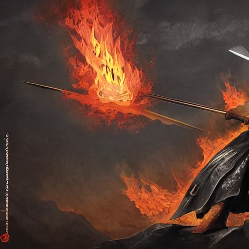 Image similar to medieval knight with a flaming greatsword dueling a samurai with a flaming katana at the foot of a mountain, concept art, matte painting, ultra fine detail, dark and gloomy