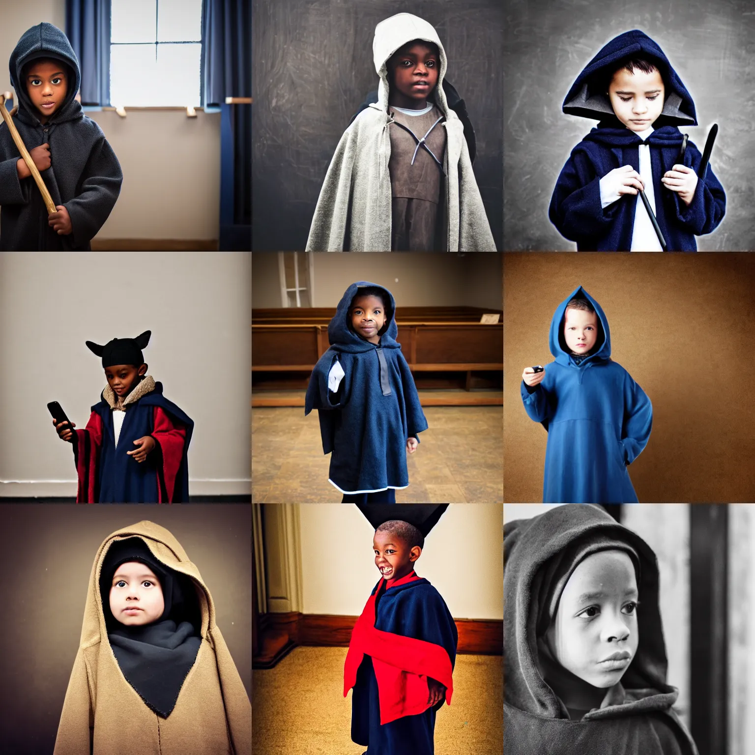 Prompt: black boy dressed as shepherd for a church nativity play, blue hooded cloak, shepherd's crook, candid, cell phone photo, indoors, mm, iso, trending