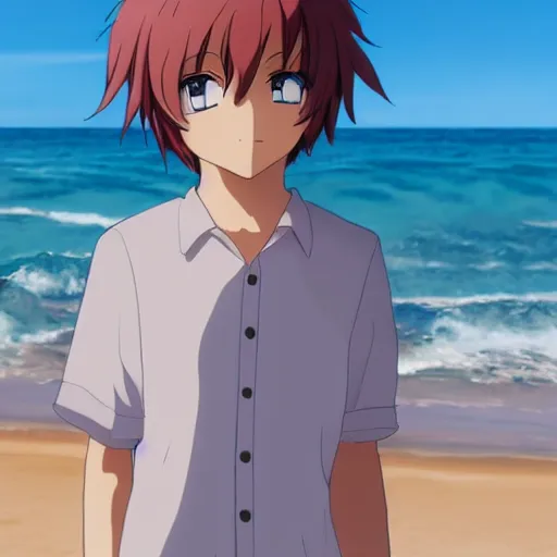 Prompt: Anime boy standing on the beach, smiling at the camera. Blue sky. Anime Still frame.