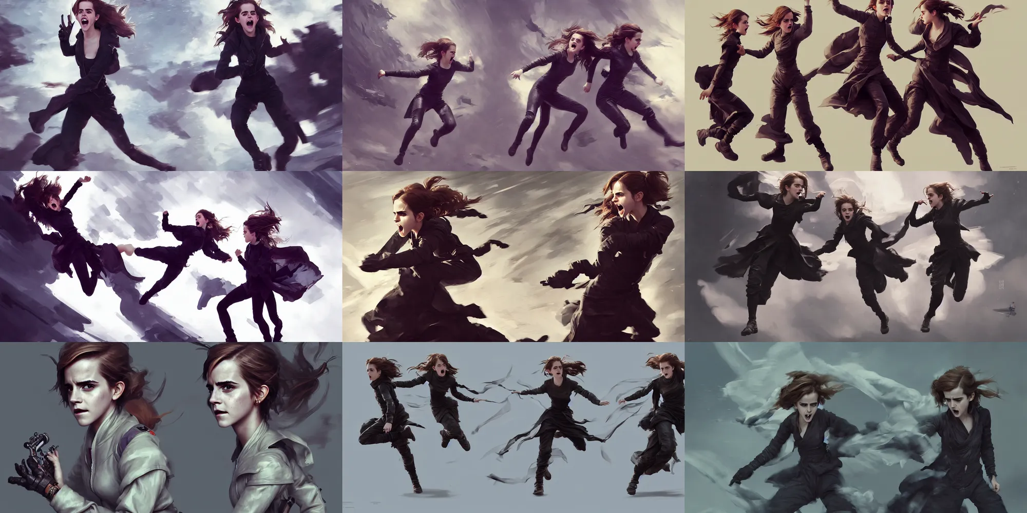 Prompt: emma watson screaming emma watson photo baroque cyberpunk flight suit emma watson portrait twin sisters action motion poses motion blur taolu gunshu staff taolu jianshu, nanquan, changquan, daoshu, gunshu, qiangshu, nandao and nangun sketch greg rutkowski foreshortening