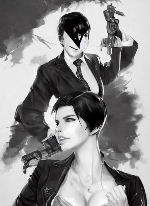 Image similar to a highly detailed illustration of beautiful short black messy haired woman wearing eyepatch!!! and noir style suit and tie, dramatic smiling pose, intricate, elegant, highly detailed, centered, digital painting, artstation, concept art, smooth, sharp focus, league of legends concept art, WLOP