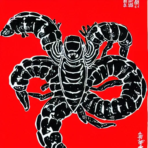 Image similar to scorpion red white and black drawn by Shuichi Shigeno and Michiharu Kusunoki pen ink drawing