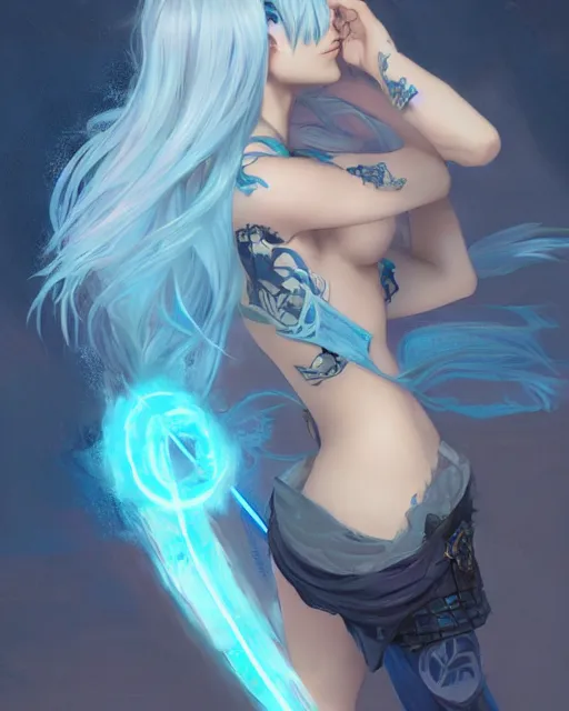 Prompt: pretty girl with a dragon back tattoo, light blue hair, rem rezero, laser lights, sharp focus, digital painting, 8 k, concept art, art by wlop, artgerm, greg rutkowski and alphonse mucha