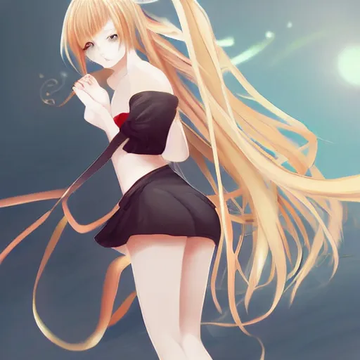 Image similar to advanced digital anime art, a seductive female teen with red eyes and blonde hair that is to waist length wearing a dark grey school outfit slipping on a banana peel . drawn by Shikamimi, WLOP,rossdraws