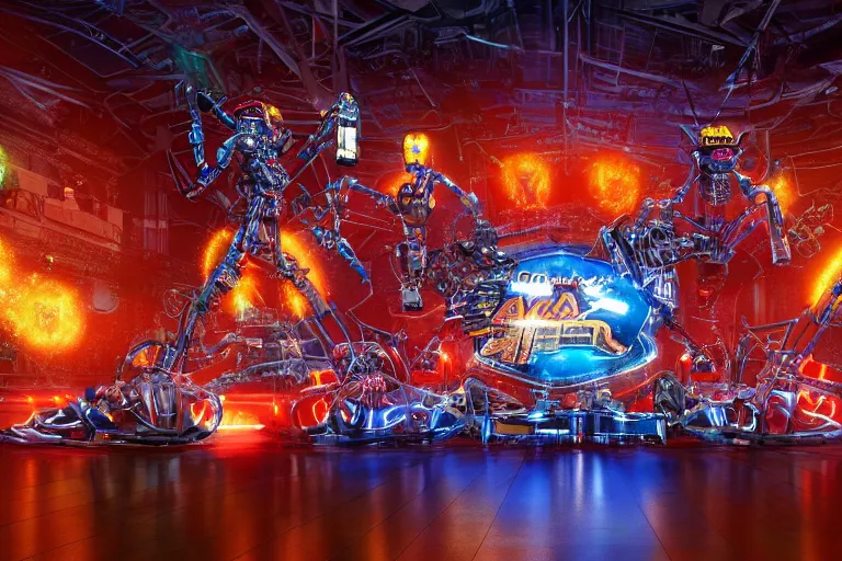 Prompt: stage from the show america got talent, on stage are 4 golden and blue metal humanoid steampunk robots falling apart, robots are wearing gears and tubes falling apart, eyes are glowing red lightbulbs, shiny crisp finish, 3 d render, 8 k, insaneley detailed, fluorescent colors, nightlight