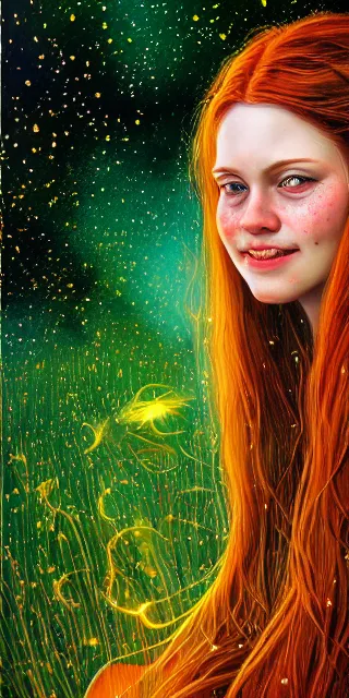 Image similar to infp young woman, smiling amazed, golden fireflies lights, sitting in the midst of nature fully covered, long loose red hair, intricate linework, green eyes, small nose with freckles, oval shape face, realistic, expressive emotions, dramatic lights spiritual scene, hyper realistic ultrafine art by michael cheval, jessica rossier, boris vallejo